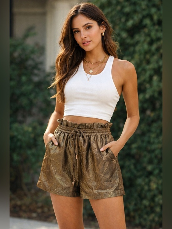 Zara Pants - Zara Metallic Effect Drawstring Shorts Sz XS Bronze Elastic Paper bag Waist